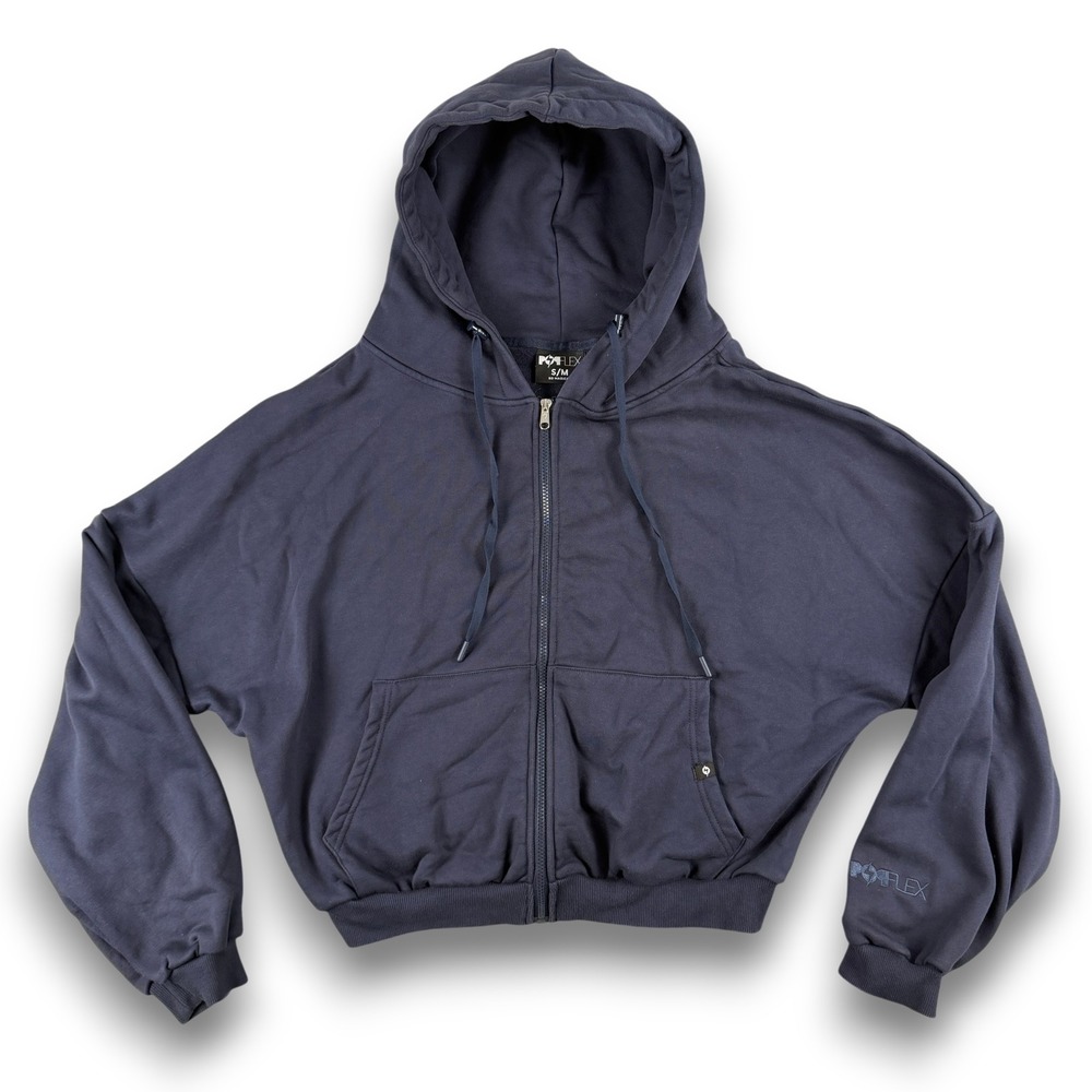 POPFLEX Full Zip Hoodie Womens S/M Navy Blue Cropped Oversized Fleece Jacket